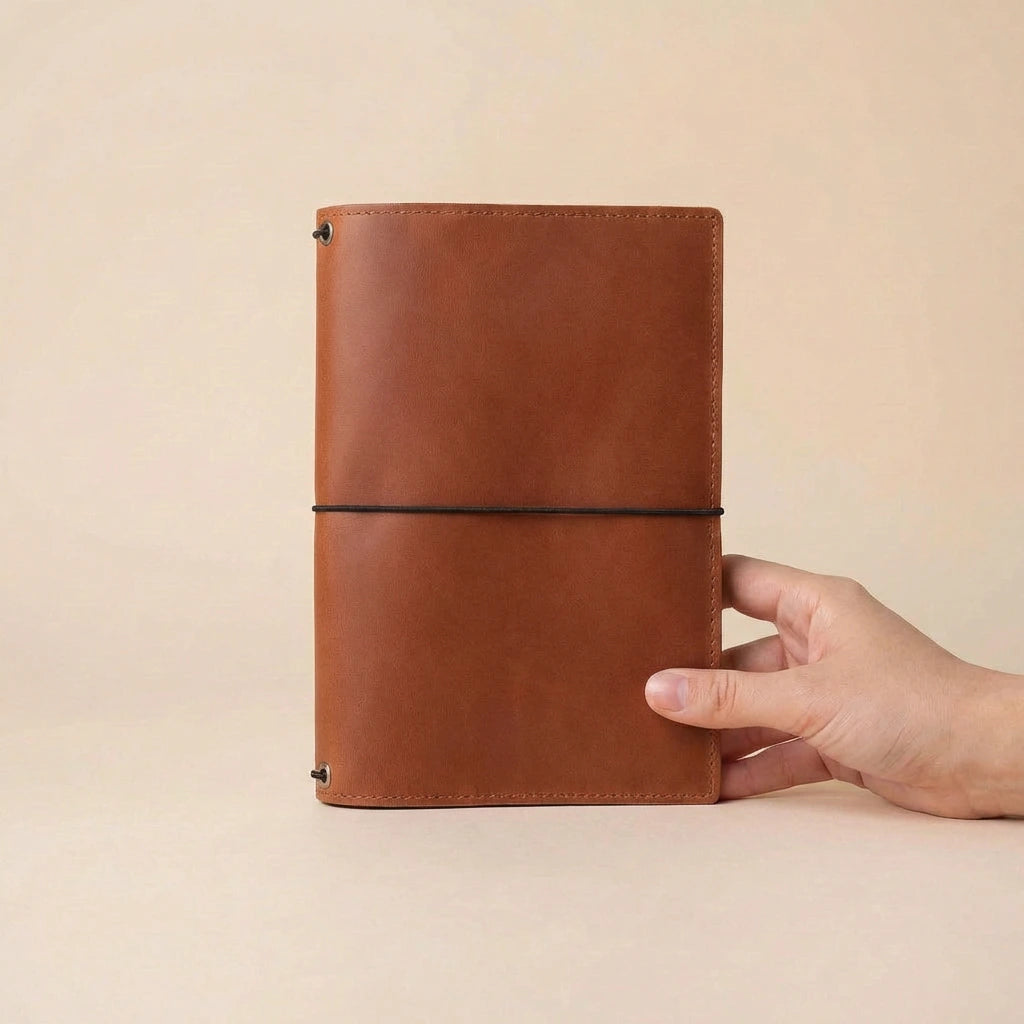 Brown leather notebook held by a hand on a beige background
