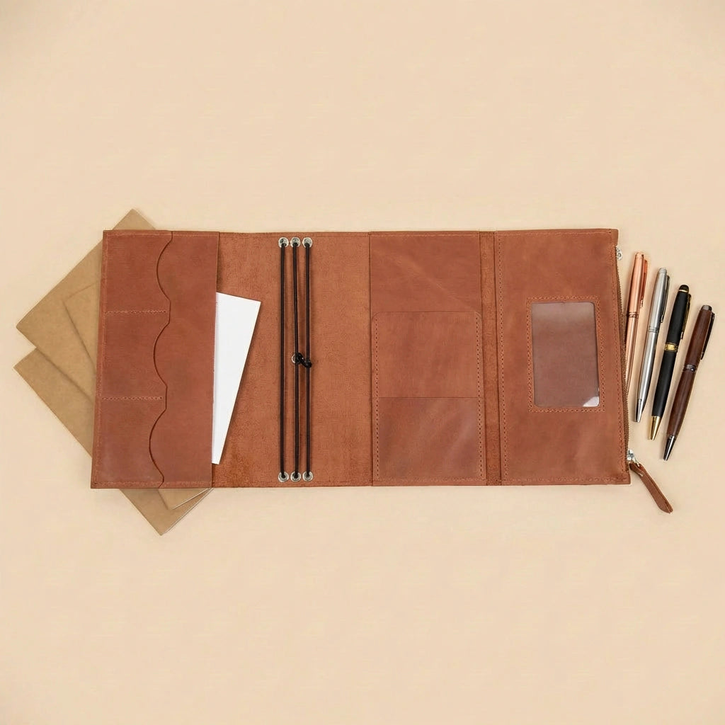 Brown leather organizer with stationery items on a beige background