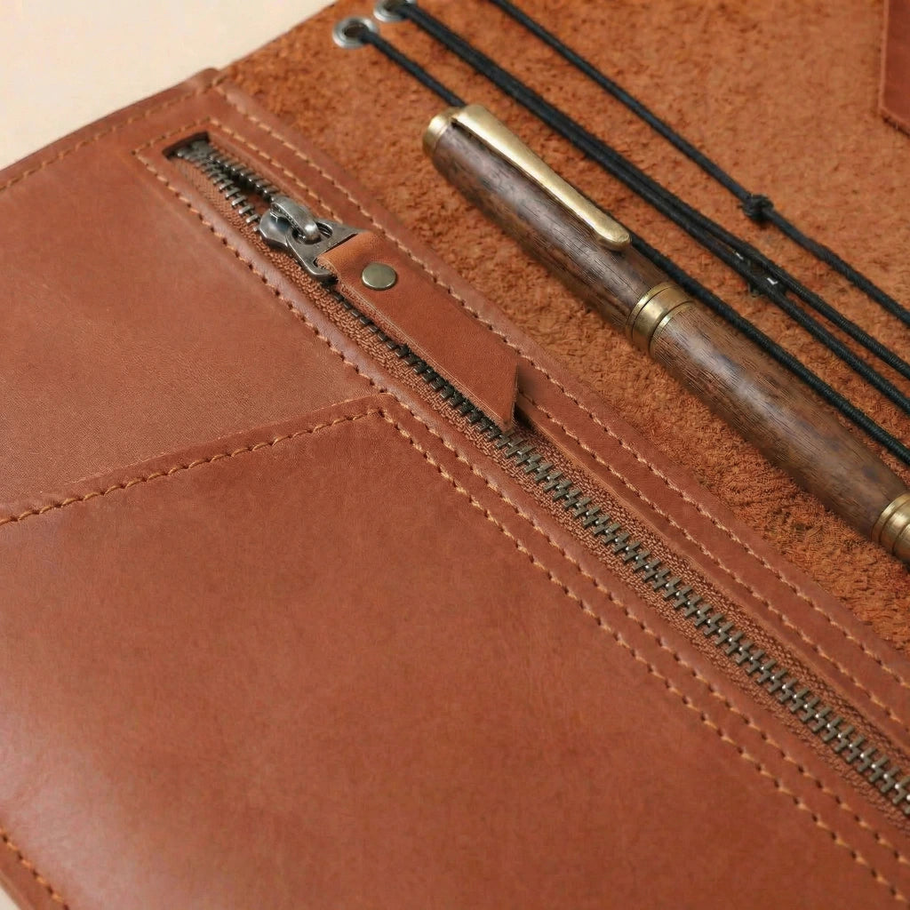 Brown leather pouch with a pen and fishing rod on a beige background
