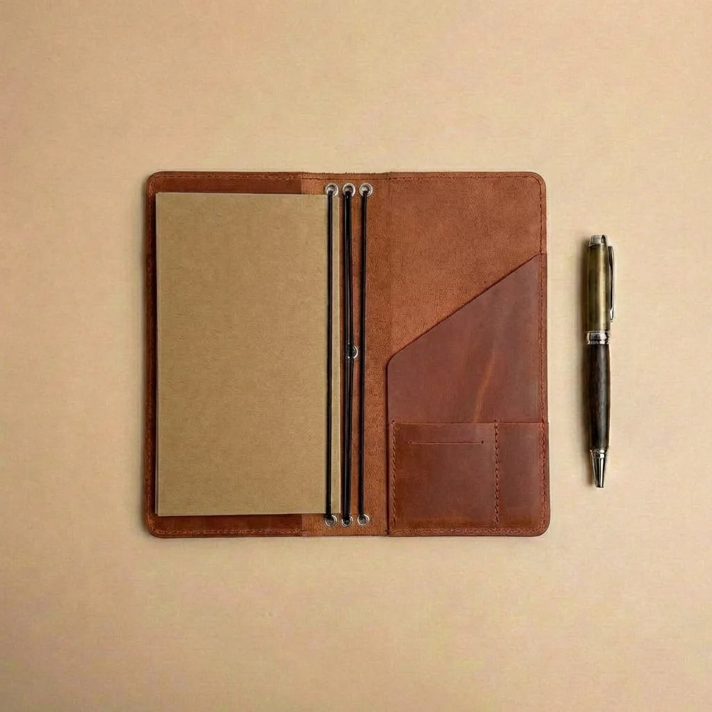 Brown leather notebook with pen holder and pen on a beige background