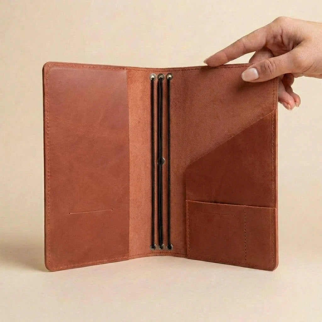Brown leather wallet held open by a hand on a beige background