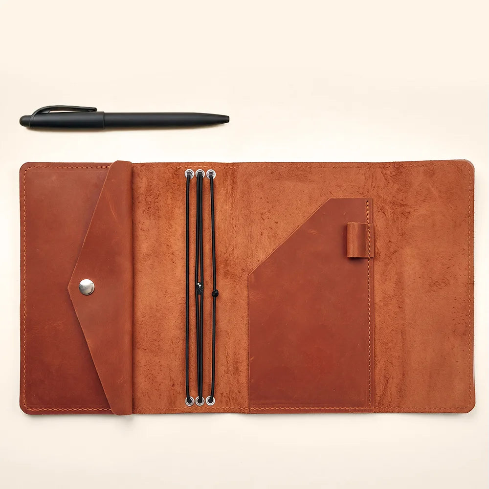 Refillable leather journal cover with practical organizer pockets for notes, cards, and essentials.