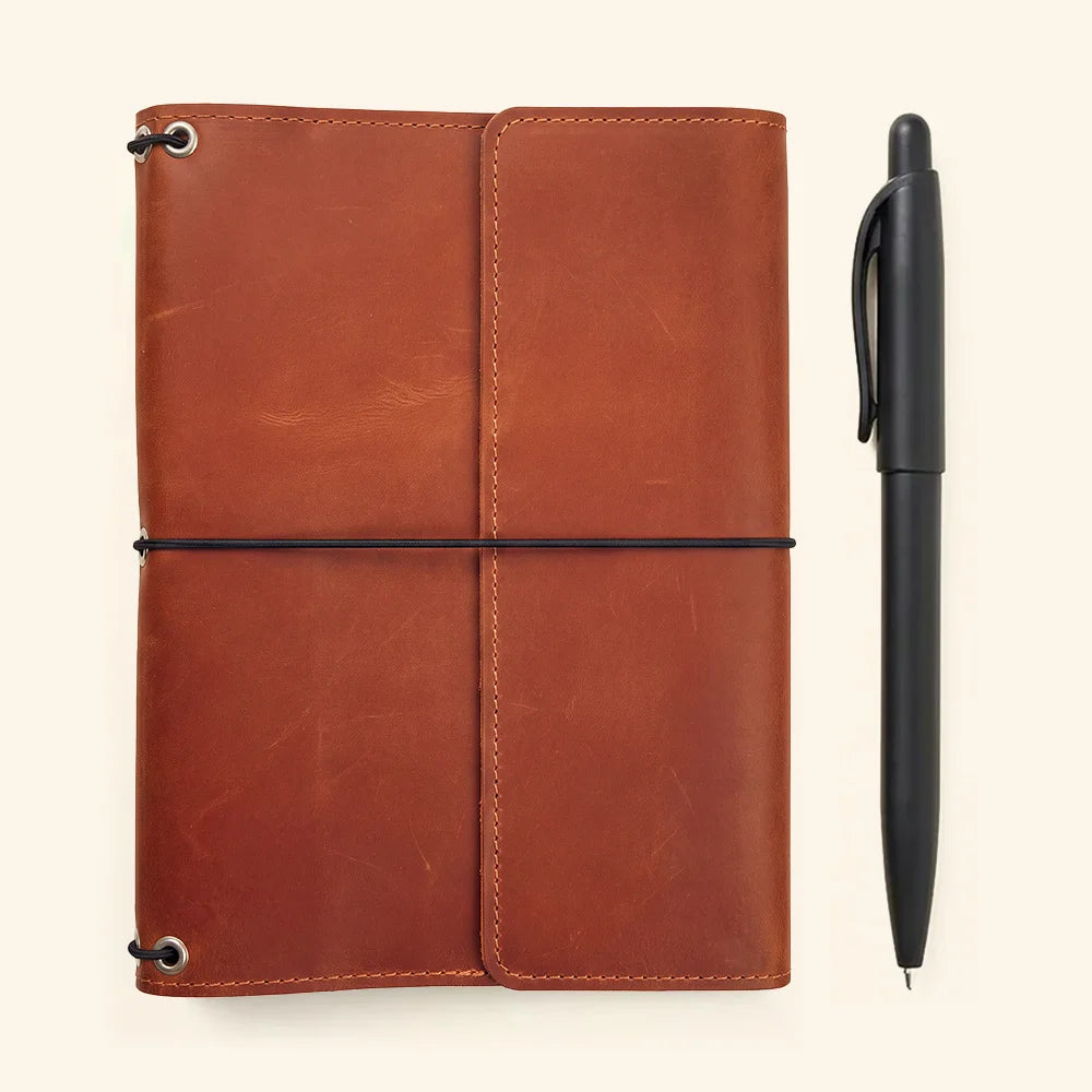 Handcrafted leather cover for refillable notebooks with practical pockets and elastic notebook holders.