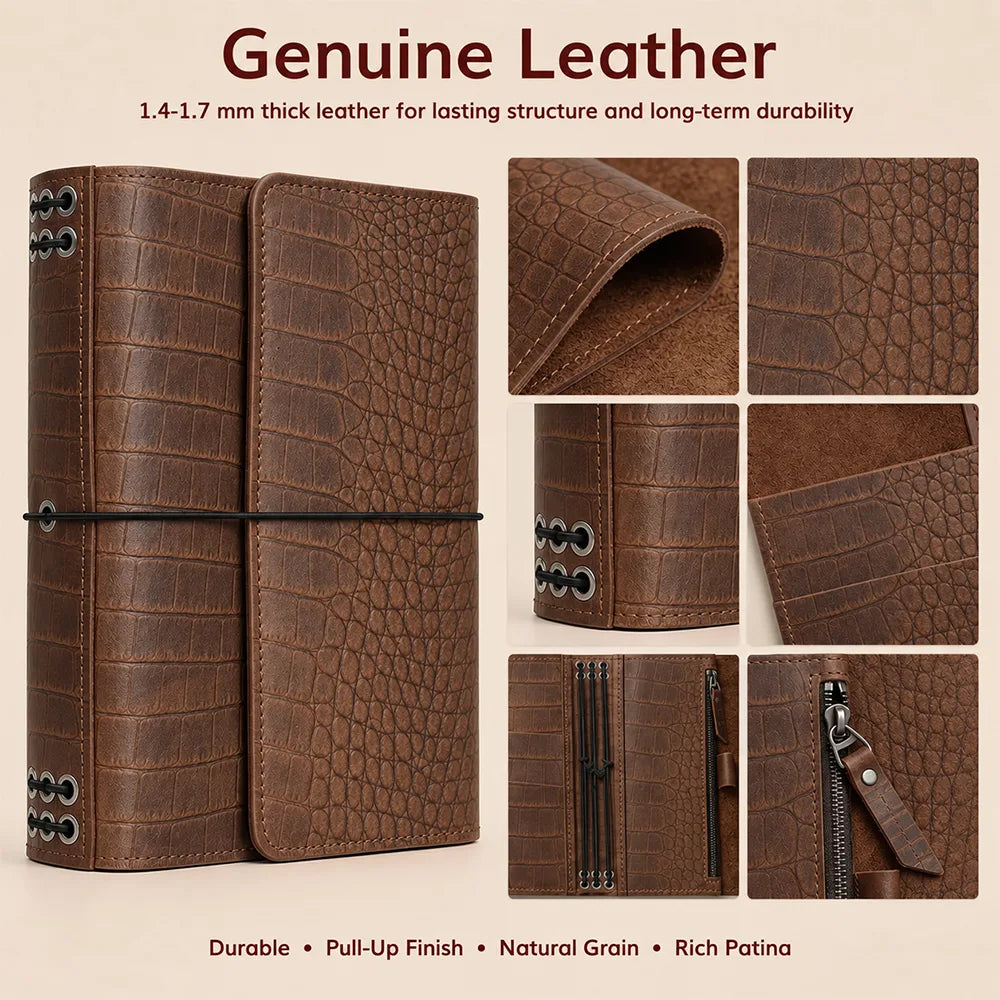 Open genuine leather cover featuring small pockets, large zipper pocket, and pen loop.