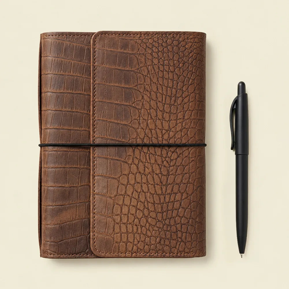 Premium leather journal cover designed with six elastic straps and organized interior compartments.