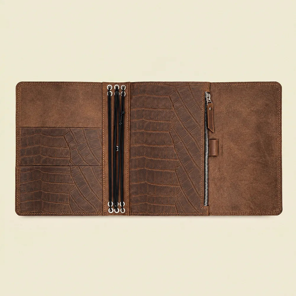 Handmade genuine leather planner cover with six elastic straps and convenient storage pockets.
