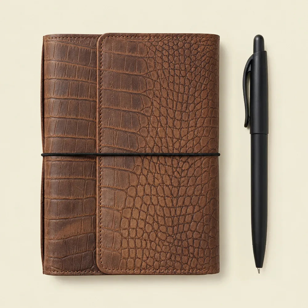 Handmade leather planner cover featuring organized pockets, six elastics, zipper pocket, and pen loop.
