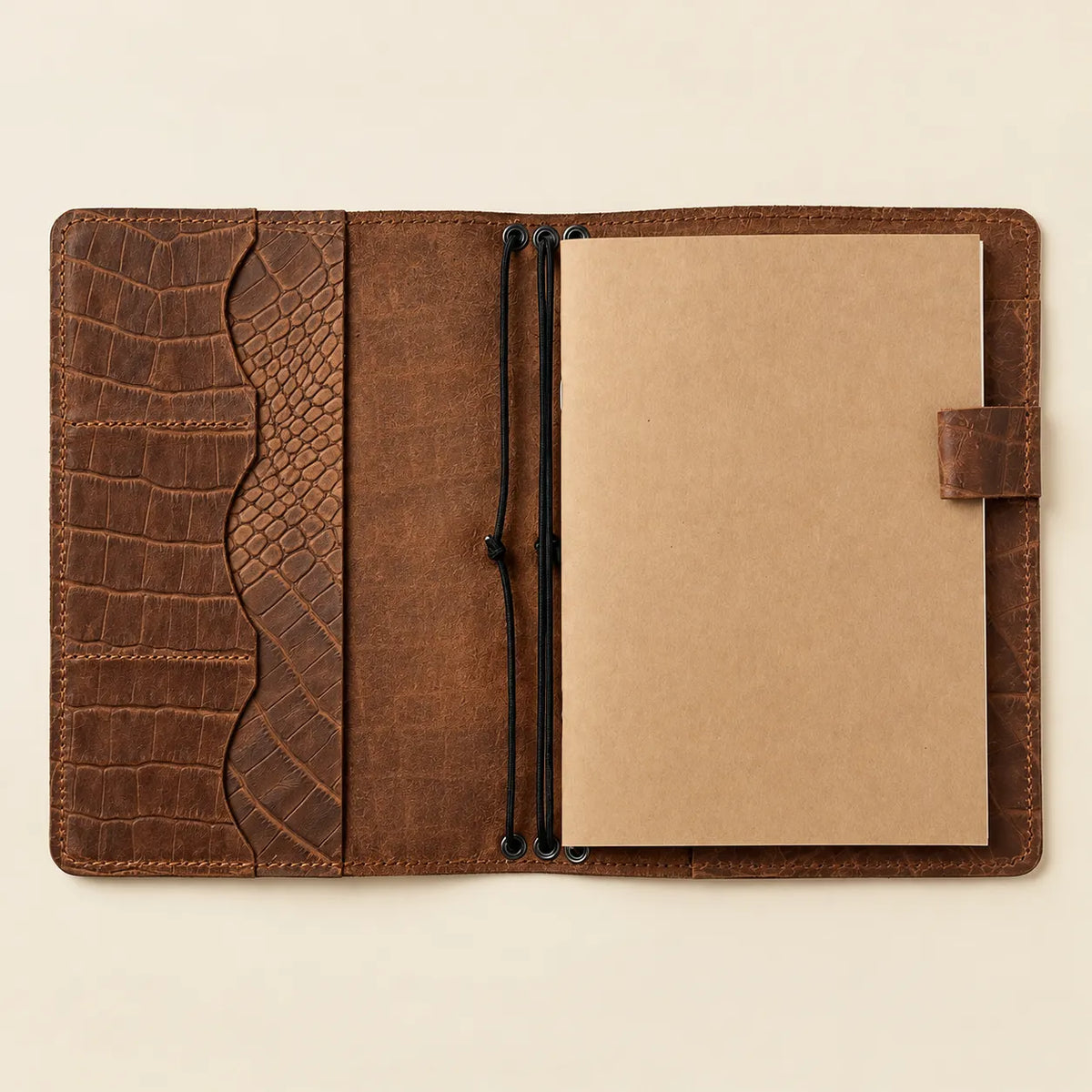 Handmade Crazy Horse leather notebook cover with convenient interior pocket storage.