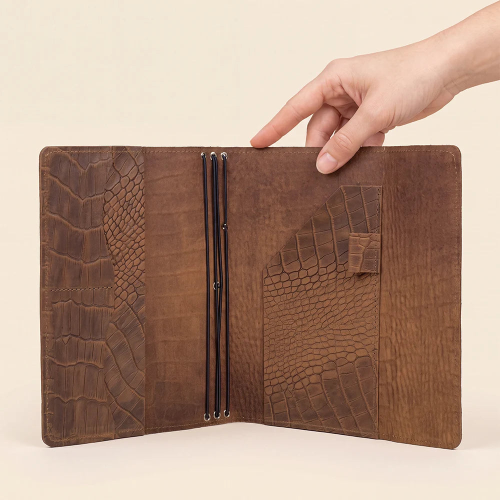 Refillable leather notebook cover with three elastic bands and organized interior compartments.