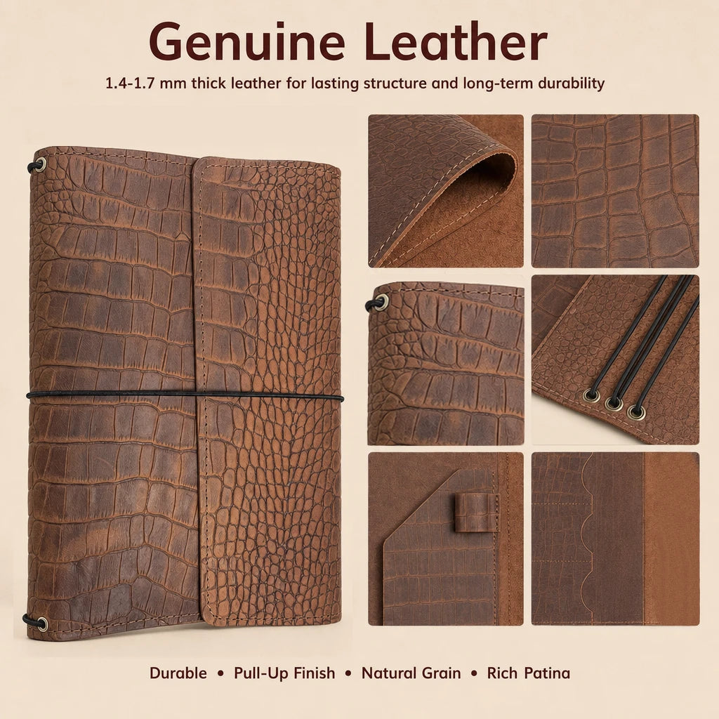 Genuine leather refillable notebook cover with interior pockets for organized everyday journaling and planning.