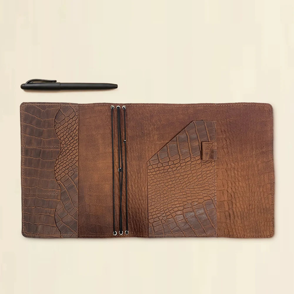 Elegant leather notebook cover with three elastic inserts and built-in storage pockets.