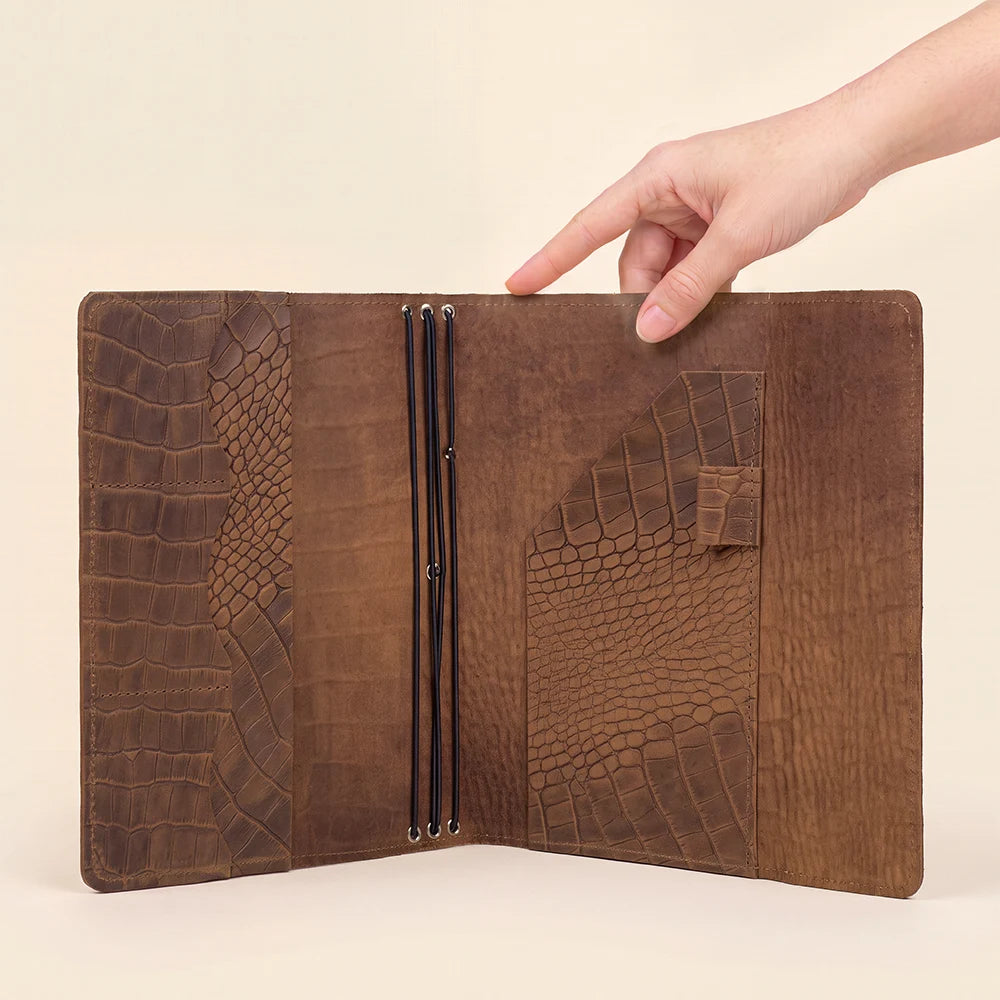 Leather notebook organizer featuring three elastic bands, card slots, and inner storage pockets.