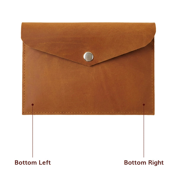 Brown leather envelope insert shown with personalization position markers