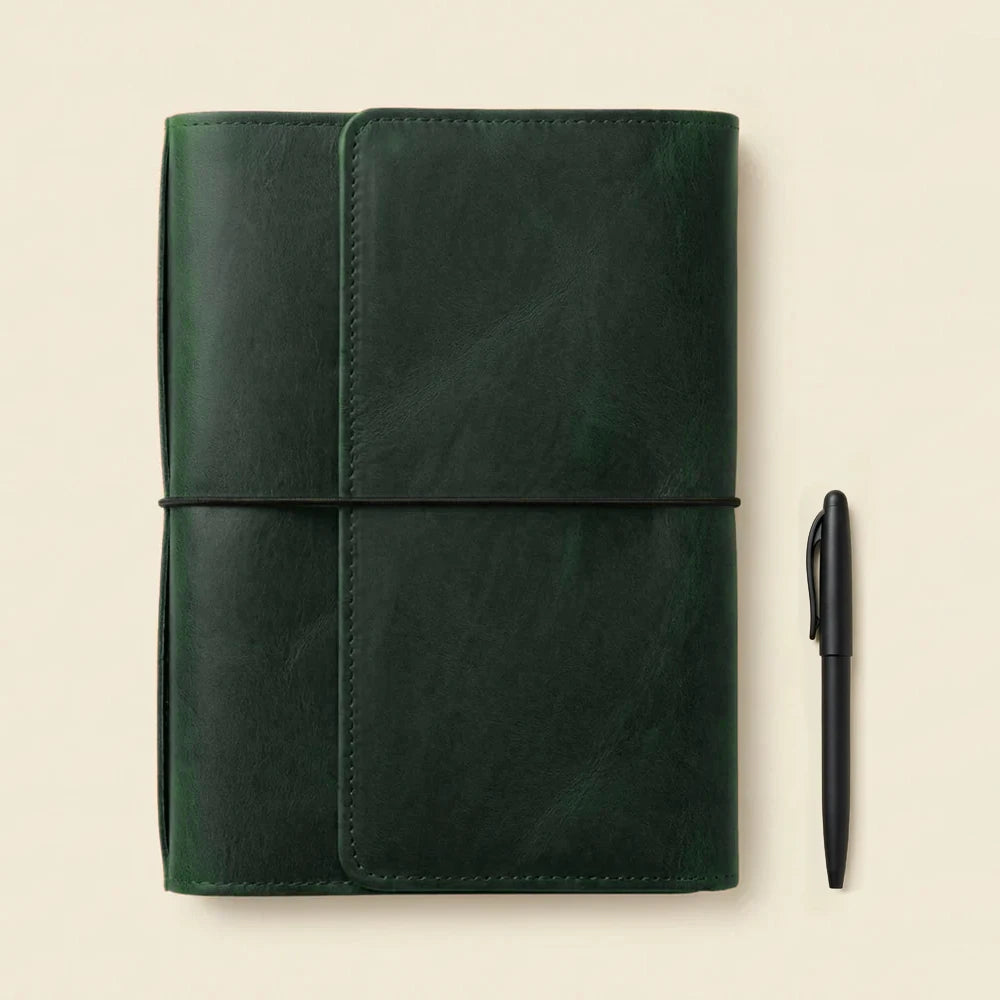 Premium handmade leather notebook cover with organizer compartments and elastic notebook holders.