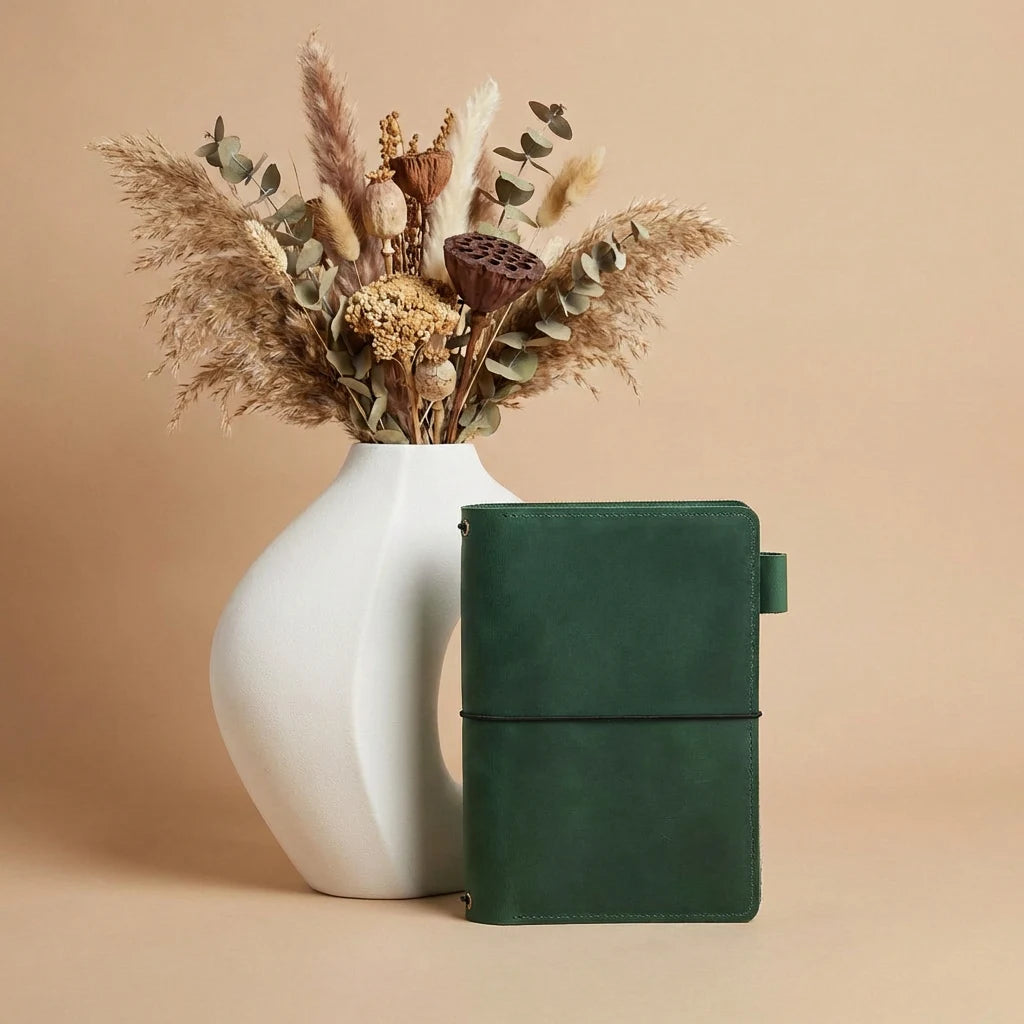 Green leather notebook next to a white vase with dried flowers on a beige background
