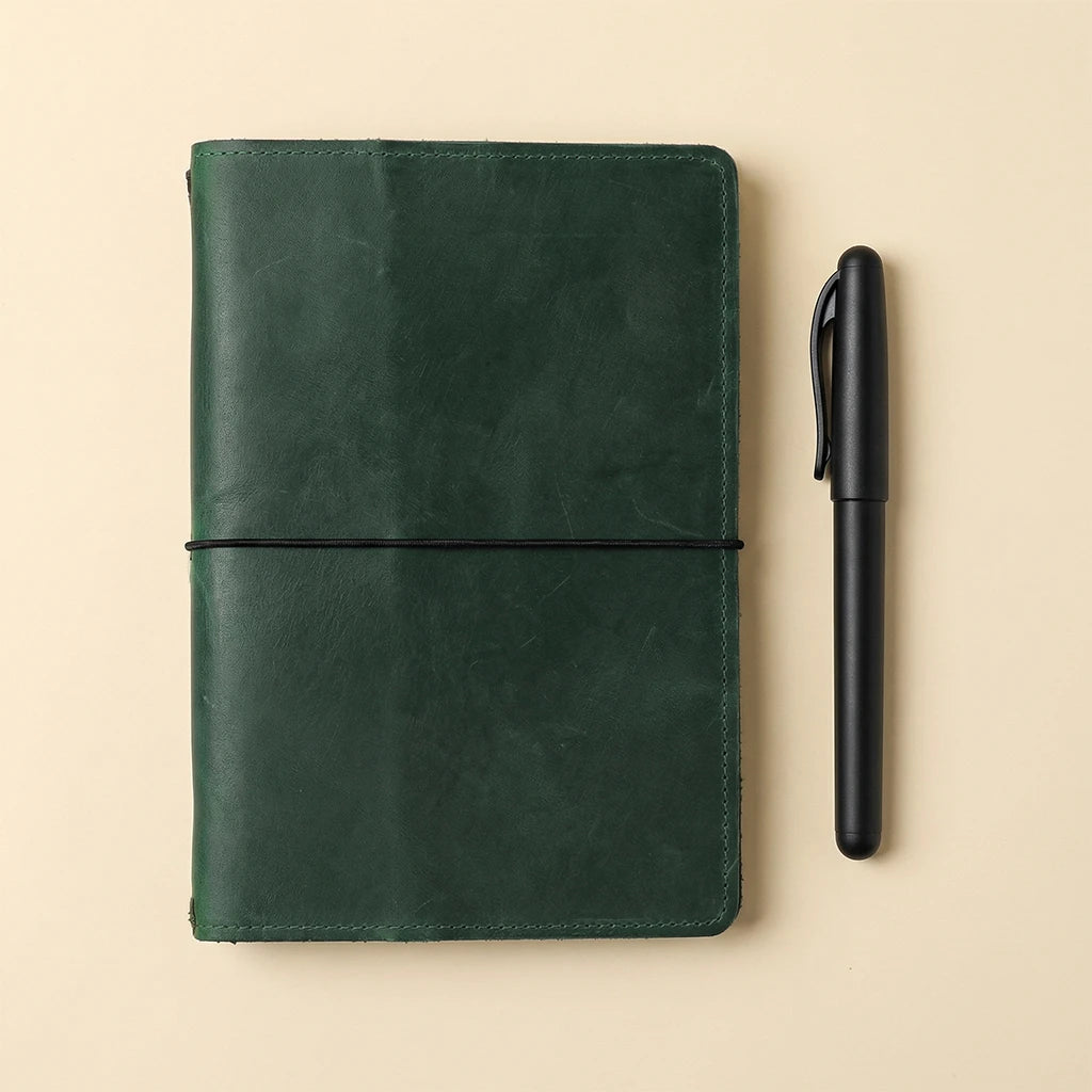 Green leather notebook and black pen on a beige background