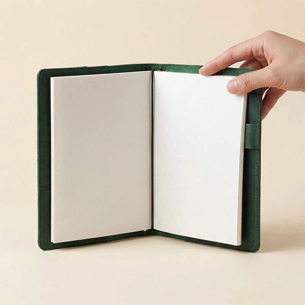 Hand holding a green notebook with white pages on a beige background