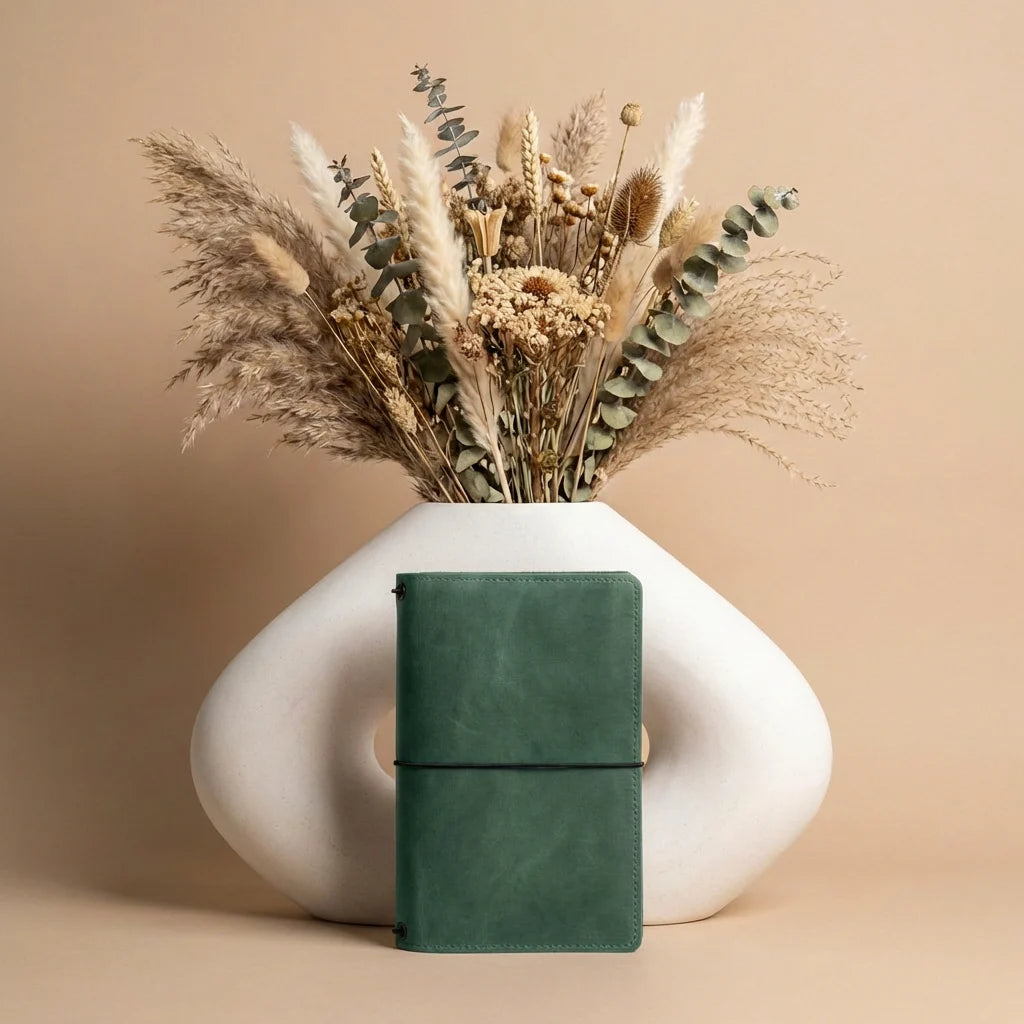 White vase with dried flowers and a green leather notebook on a beige background