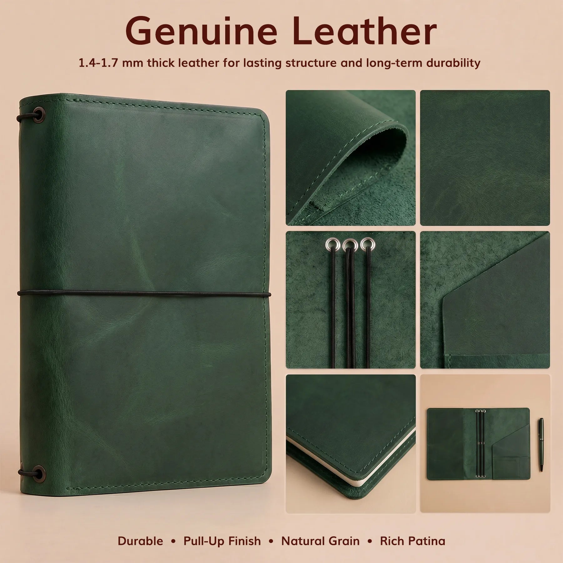 Personalized leather notebook case with organizer pockets and elastic bands