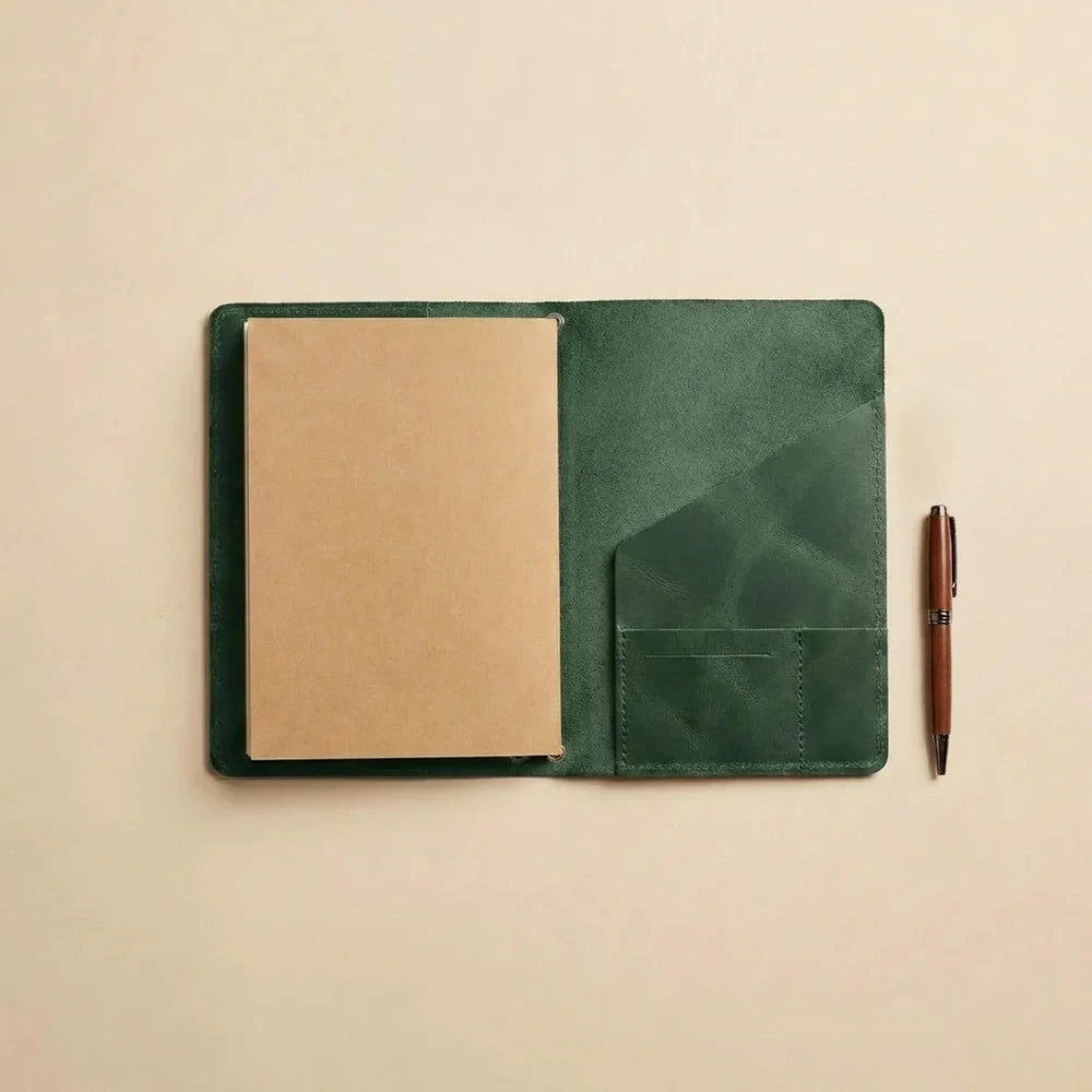 Leather notebook wrap featuring premium craftsmanship, elastic cords, and organizer pocket layout.