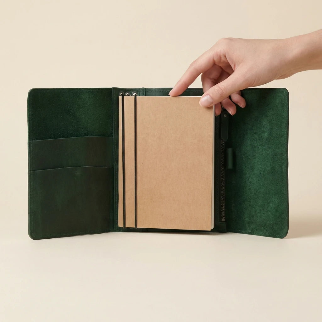Green leather journal with a beige interior, held open by a hand on a beige background