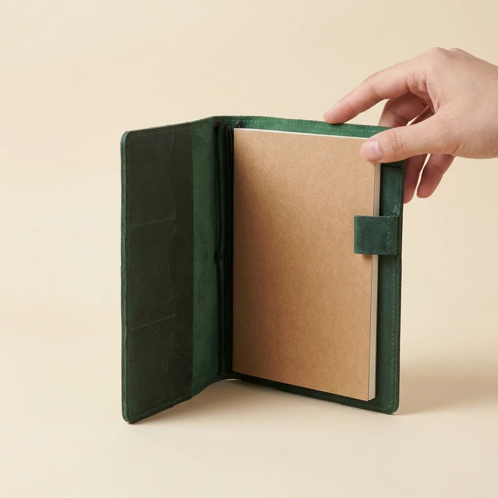 Hand holding a green leather-bound notebook with beige pages on a beige background