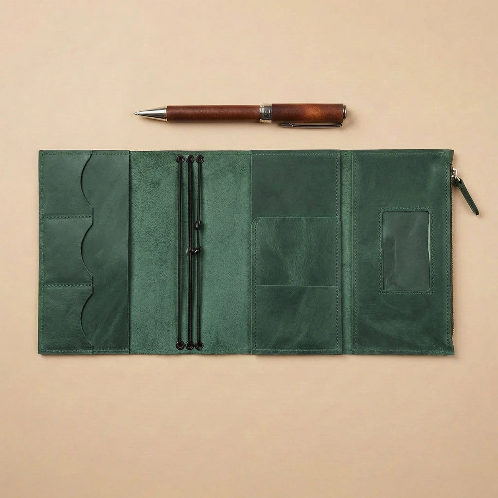 Green leather journal cover with pen on a beige background