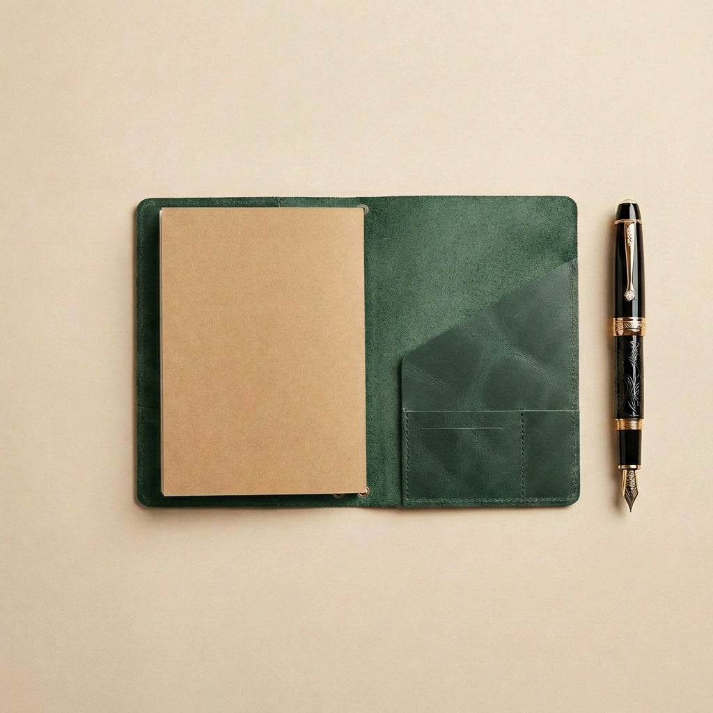 Green leather notebook with a pen on a beige background