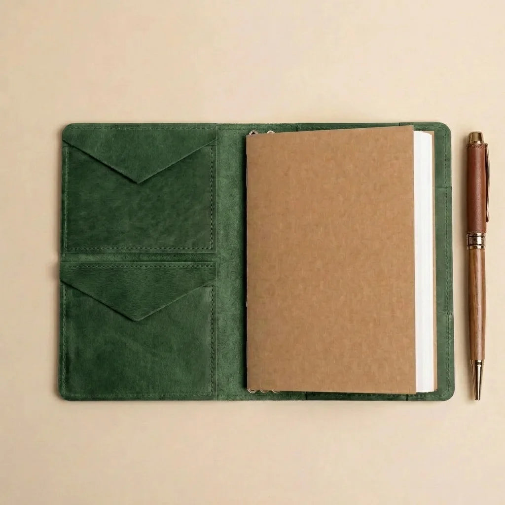 Green leather notebook cover with a brown notebook and pen on a beige background