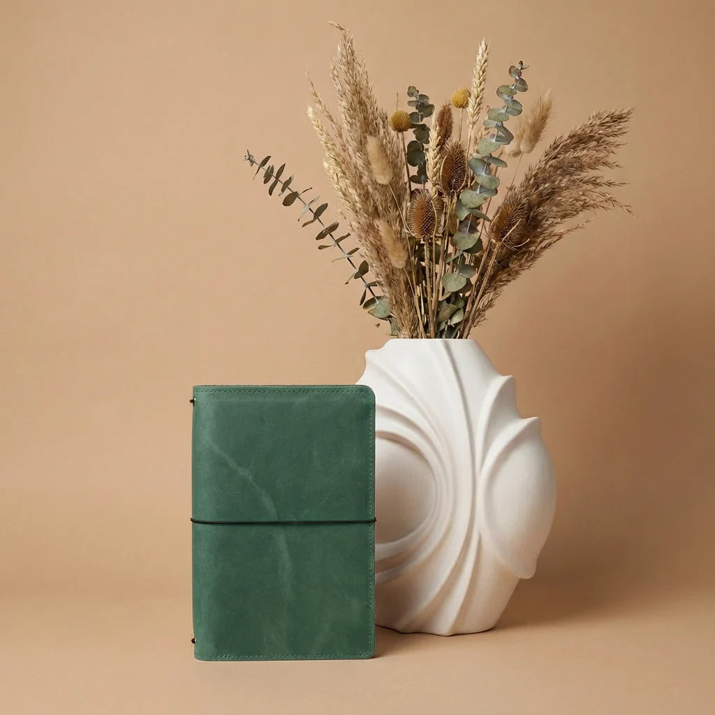 Green leather notebook next to a white vase with dried plants on a beige background