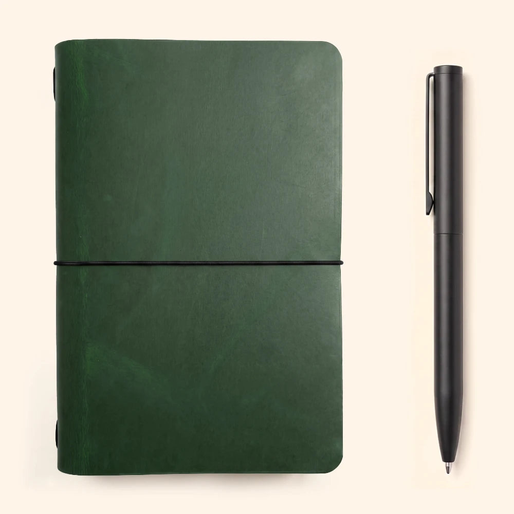 Simple leather notebook cover highlighting artisanal craftsmanship and naturally distinctive grain patterns.