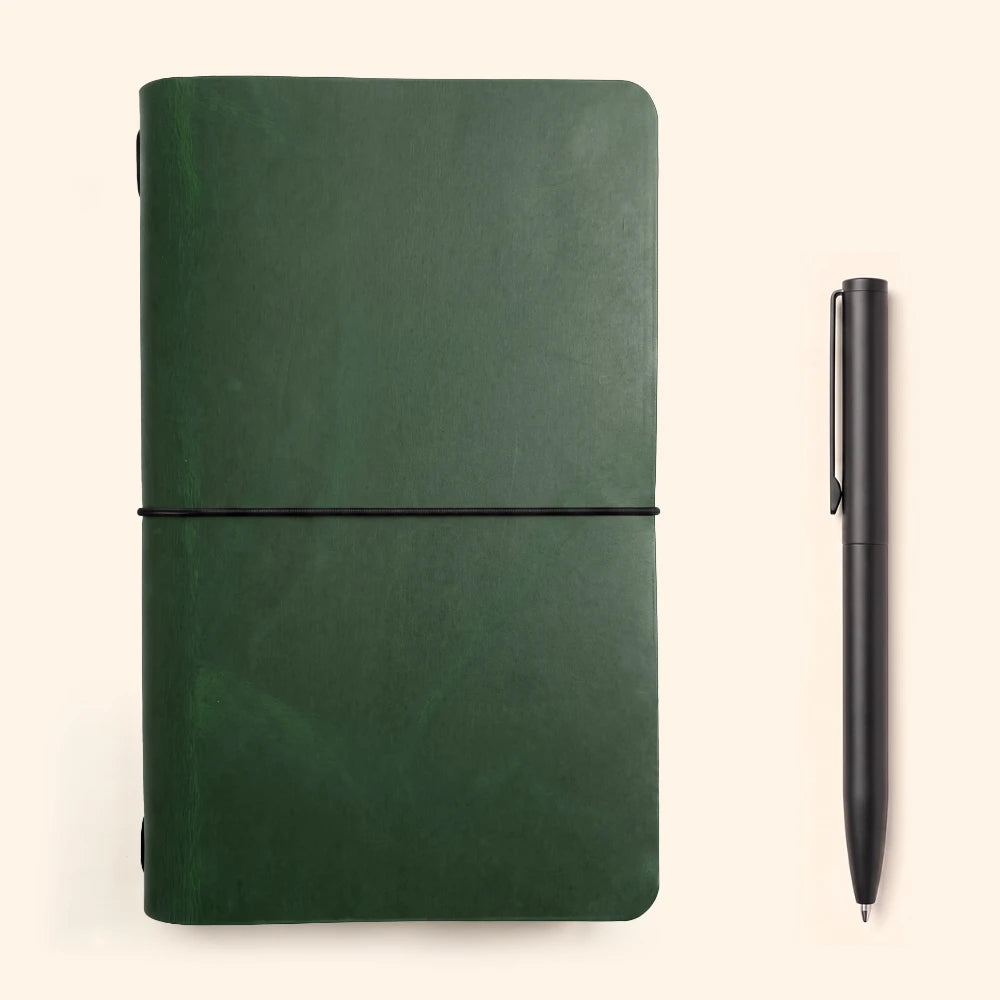 Leather notebook wrap featuring one flexible interior loop and minimalist craftsmanship.