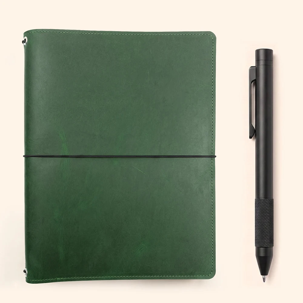 Leather writing organizer with three insert bands and integrated pockets for essentials.
