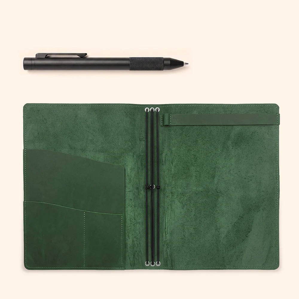Genuine leather journal holder offering practical storage pockets and secure elastic inserts.