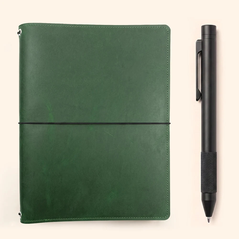 Premium leather notebook case with organized interior pockets and three elastic holders.