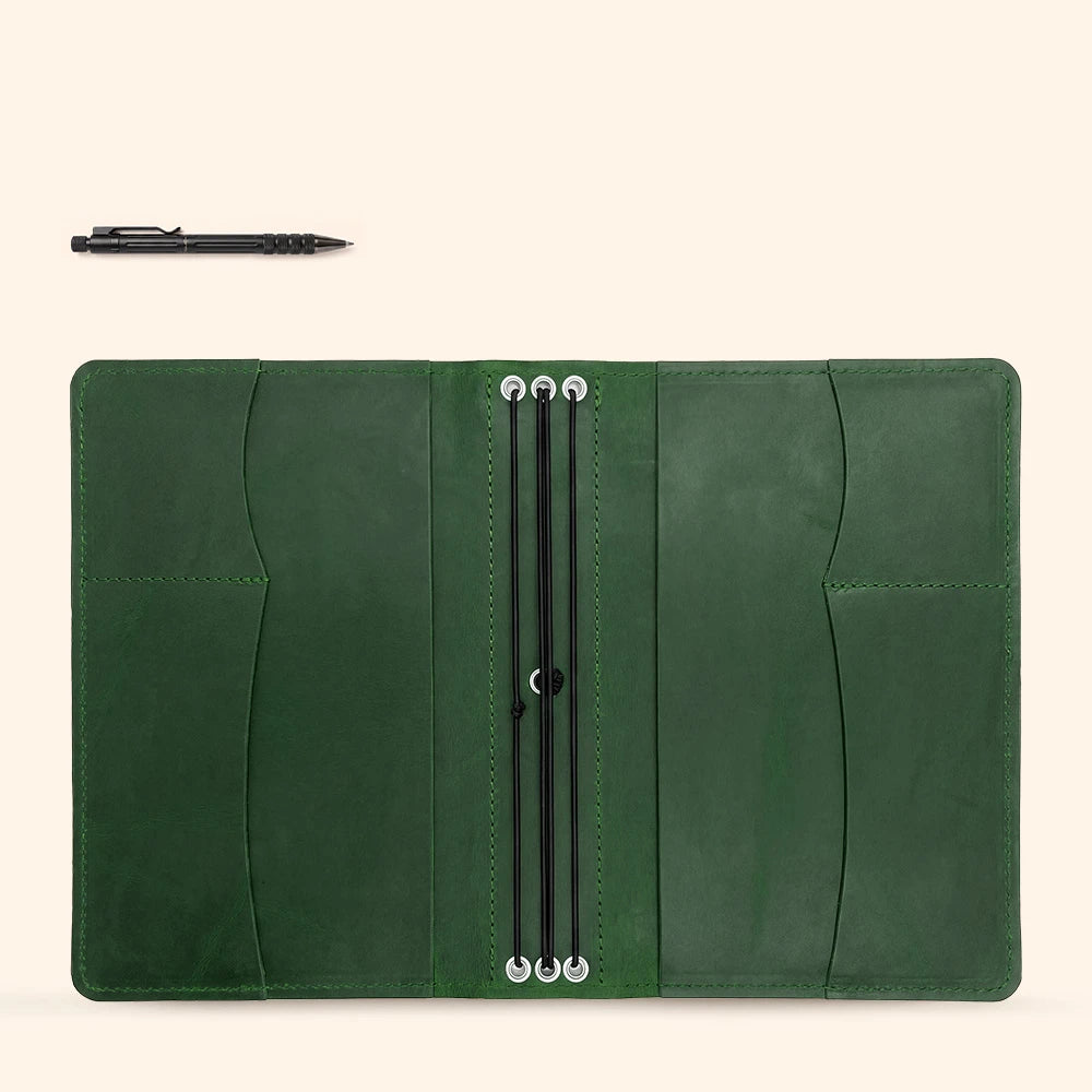 Leather notebook wrap offering secure protection with practical storage for daily essentials.