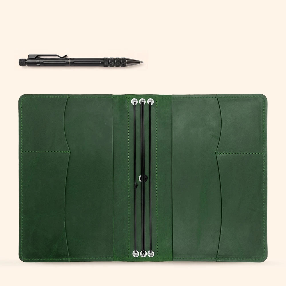 Leather notebook protector featuring spacious inside pockets for cards, papers, and writing tools.