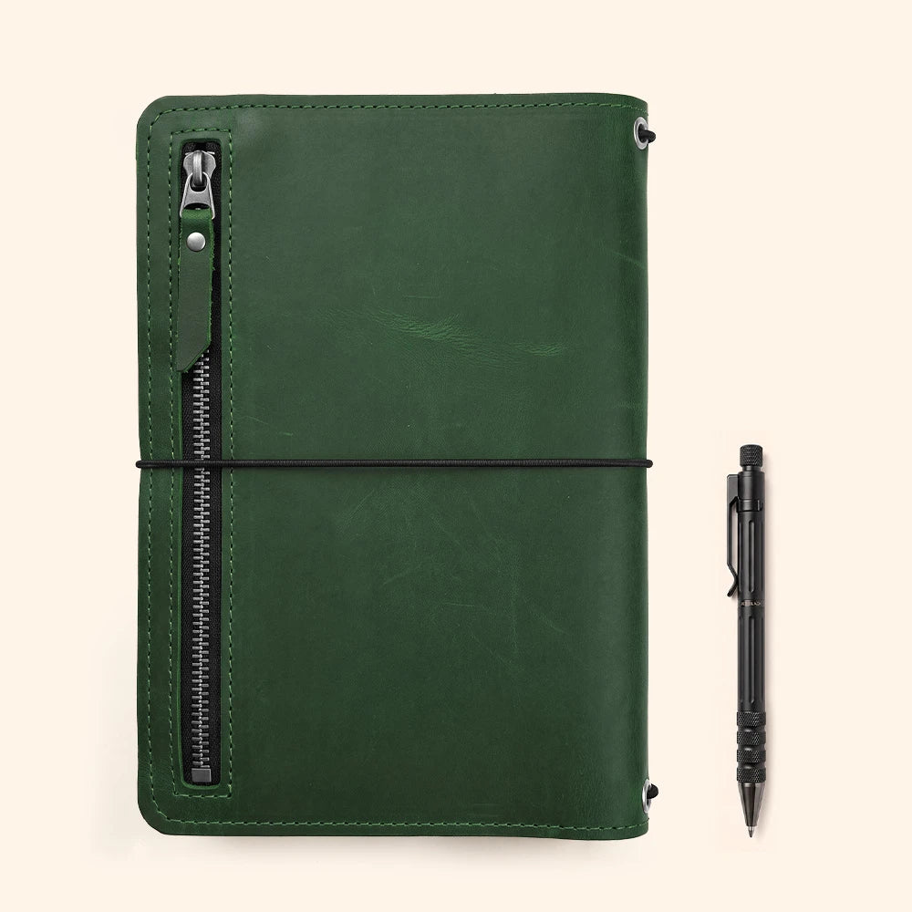 Leather notebook case crafted with organized compartments for journals and office accessories.
