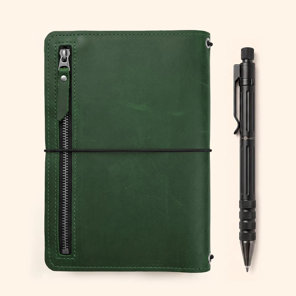 Leather notebook carrier featuring organized interior sleeves for cards, notes, and documents.