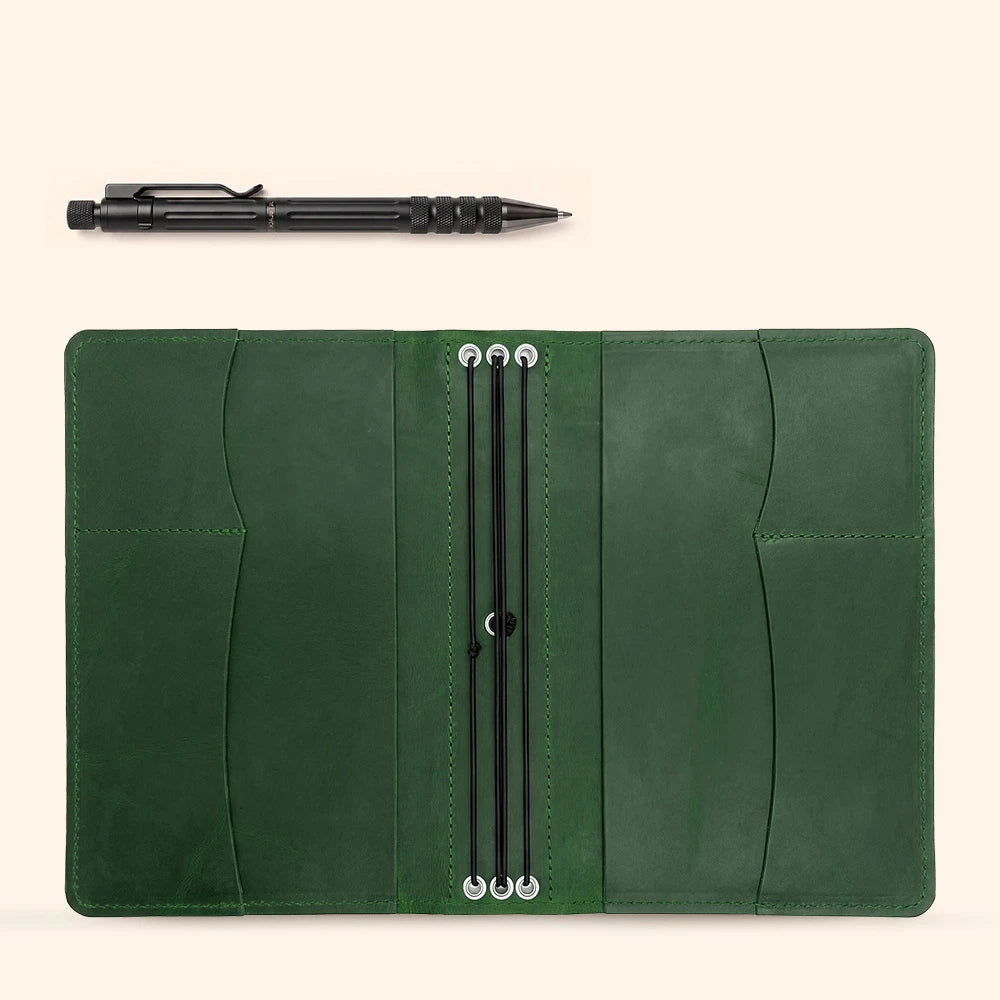 Leather notebook organizer featuring spacious card pockets and practical pen loop inside.