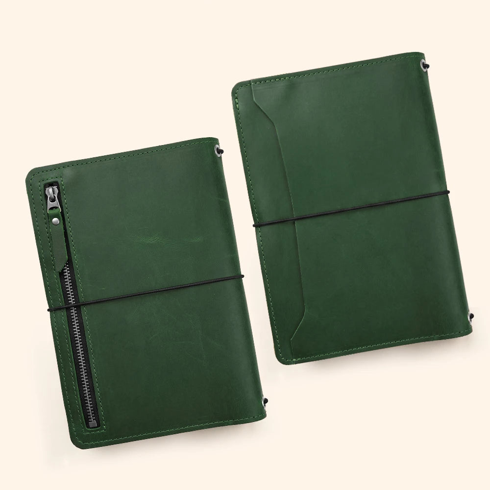 Stylish genuine leather notebook cover featuring useful inner pockets and secure pen loop.