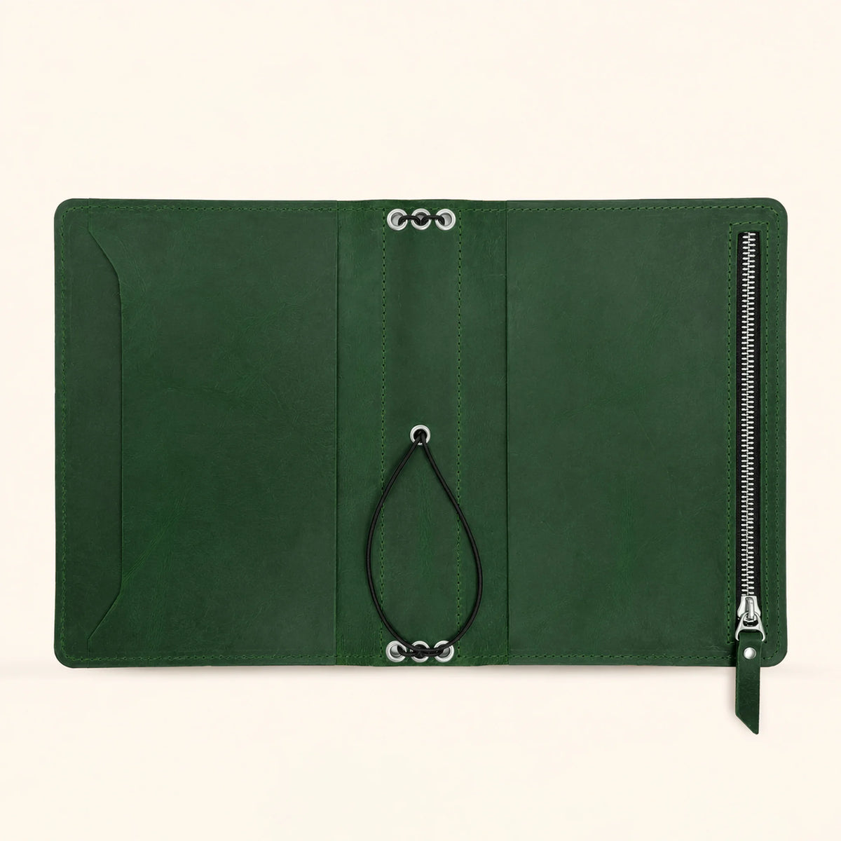 Natural leather notebook cover designed with practical interior and exterior pockets