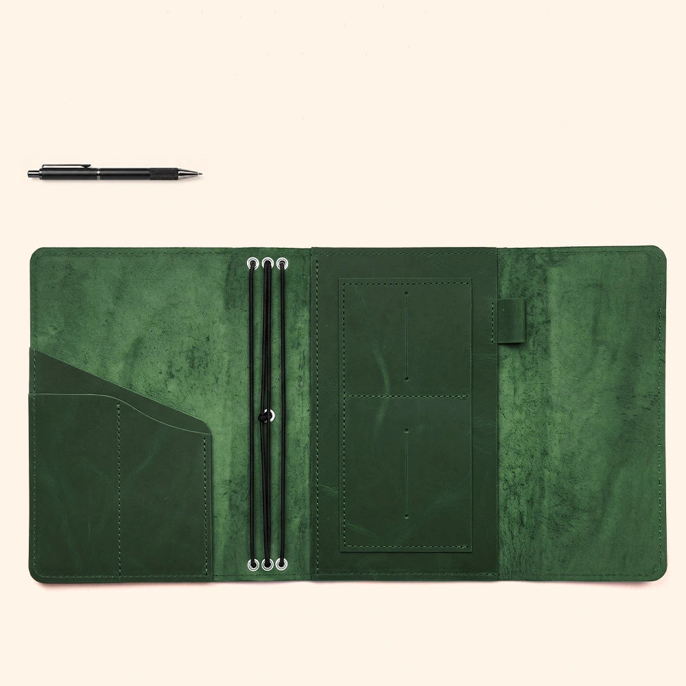 Rustic leather planner cover with functional storage compartments and leather pen securing loop.