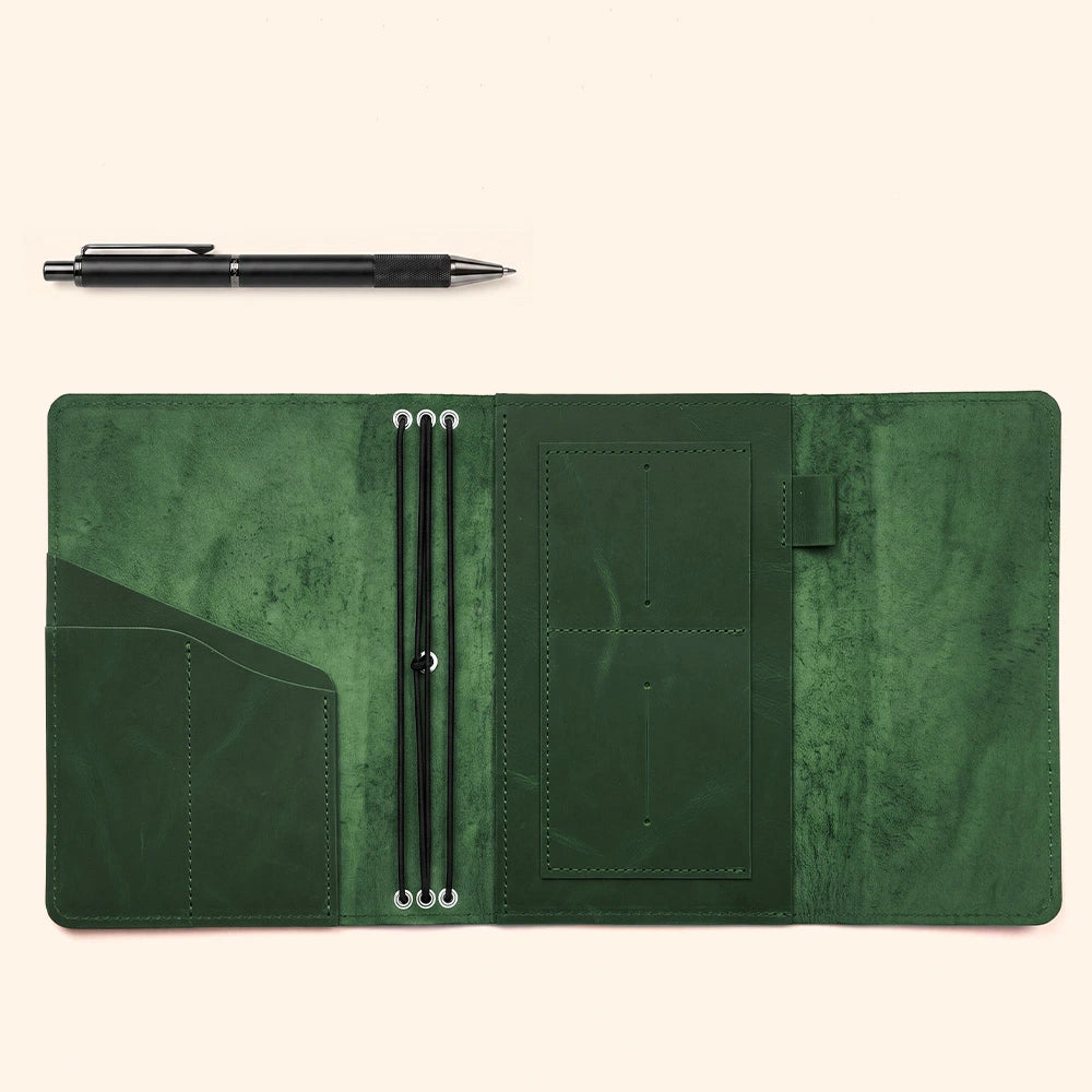 Genuine leather notebook portfolio featuring card storage and integrated pen holder design.