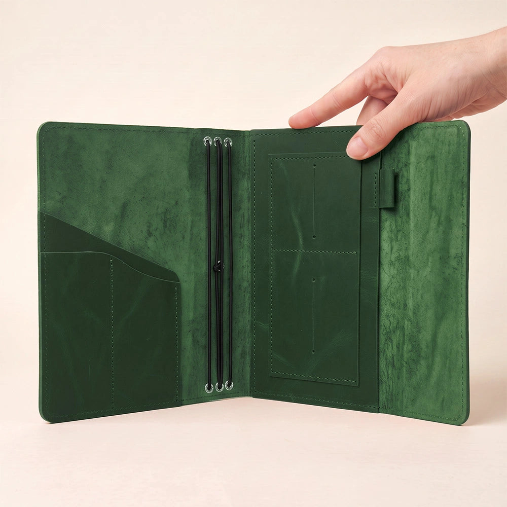 Refillable leather journal organizer with spacious pockets and convenient leather pen loop inside.