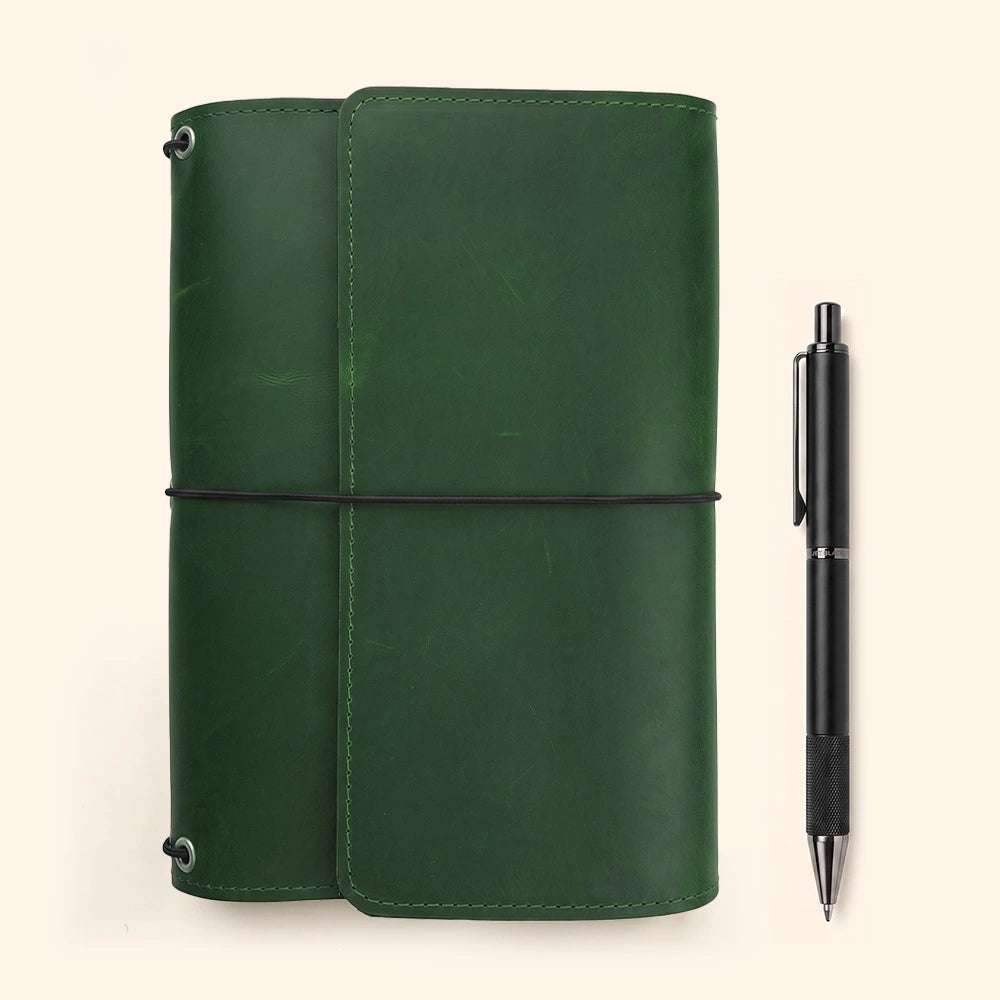 Natural leather notebook folio organizer featuring storage pockets and integrated writing sleeve.