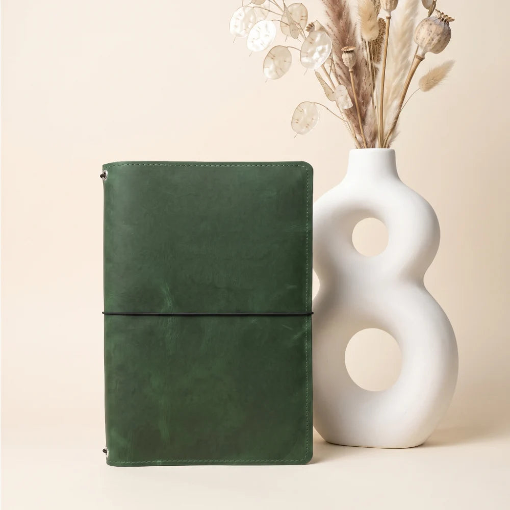 Handmade leather journal sleeve with a simple triple-elastic notebook system.
