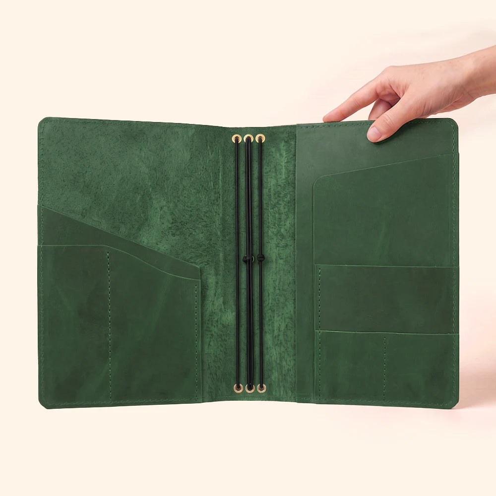 Leather notebook wrap designed to organize three removable booklets efficiently.