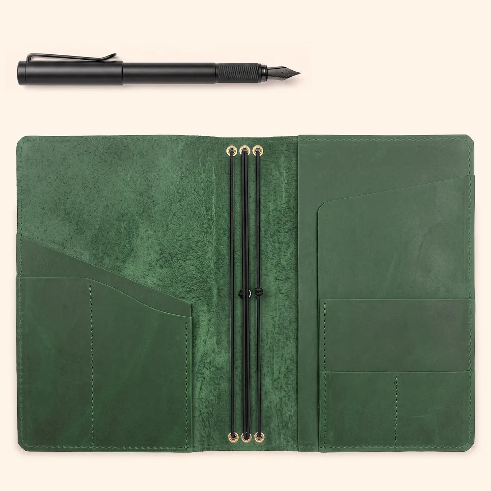 Genuine leather notebook holder with three elastic bands for versatile journal organization.