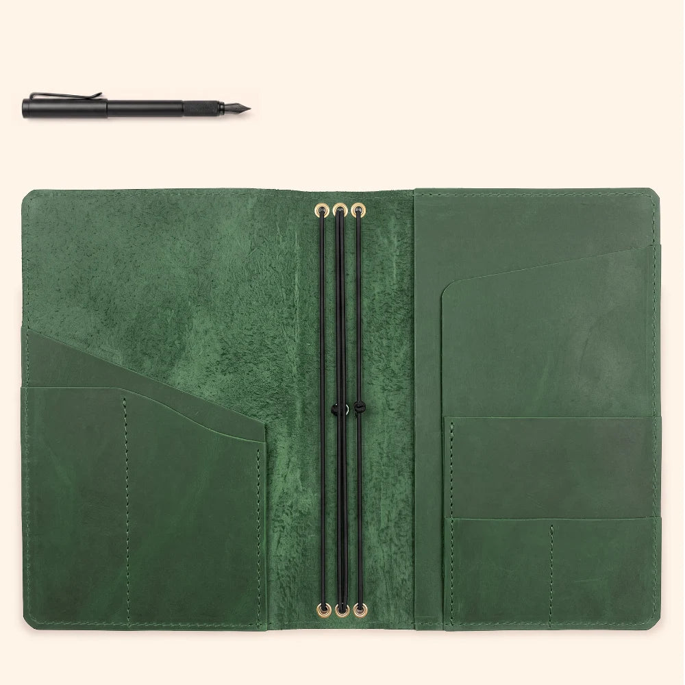 Natural leather notebook carrier designed for a versatile three-refill arrangement.